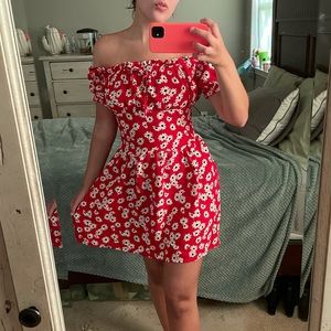 Red and white floral off the shoulder mini dress